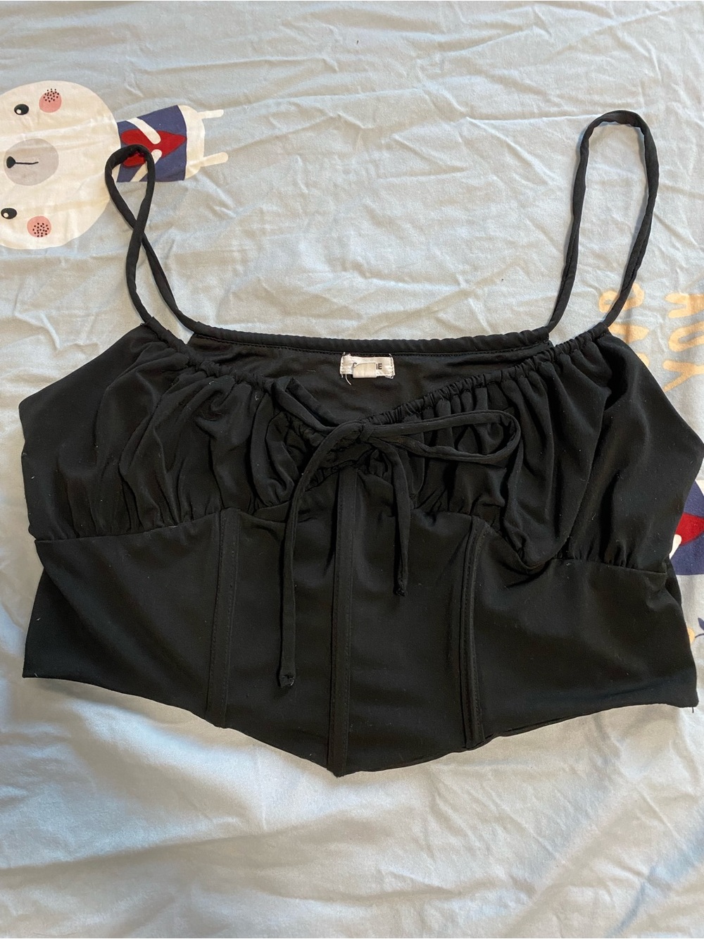 Garage Black Ruched Spaghetti-Strap Cropped Camisole with Front Tie Detail